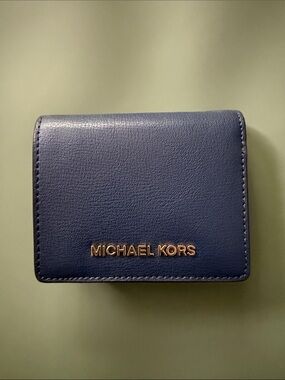 Michael Kors Navy Leather Card Holder with Gold Logo